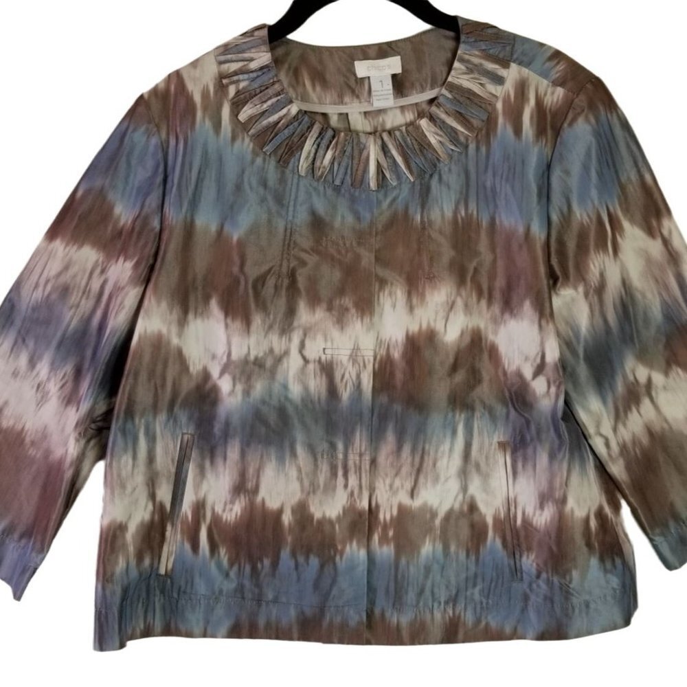 Chicos Brown & Blue Snap Front 3/4 Sleeve Light Jacket Size 1 Large Snaps